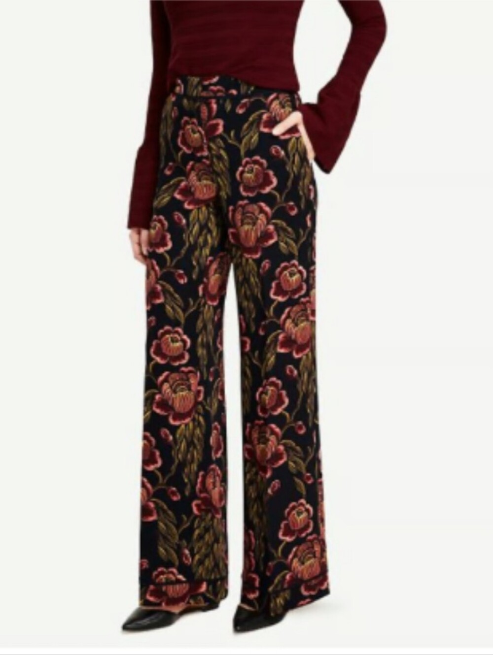Ann Taylor Black Wide-Leg Floral Print Pants  Burgundy Accents Size 10 NWT